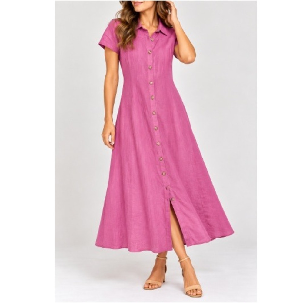 J.Jill Women's Dragon Fruit Cap Sleeves Linen Maxi Shirtdress Size XS NWT